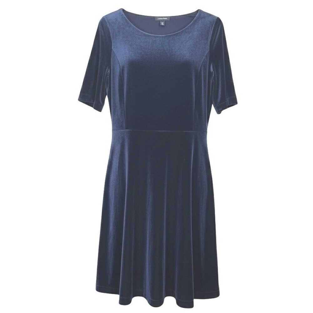 Lands End Navy Blue Velvet Fit Flare Dress Size L 14/16 Stretchy Lux Comfortable